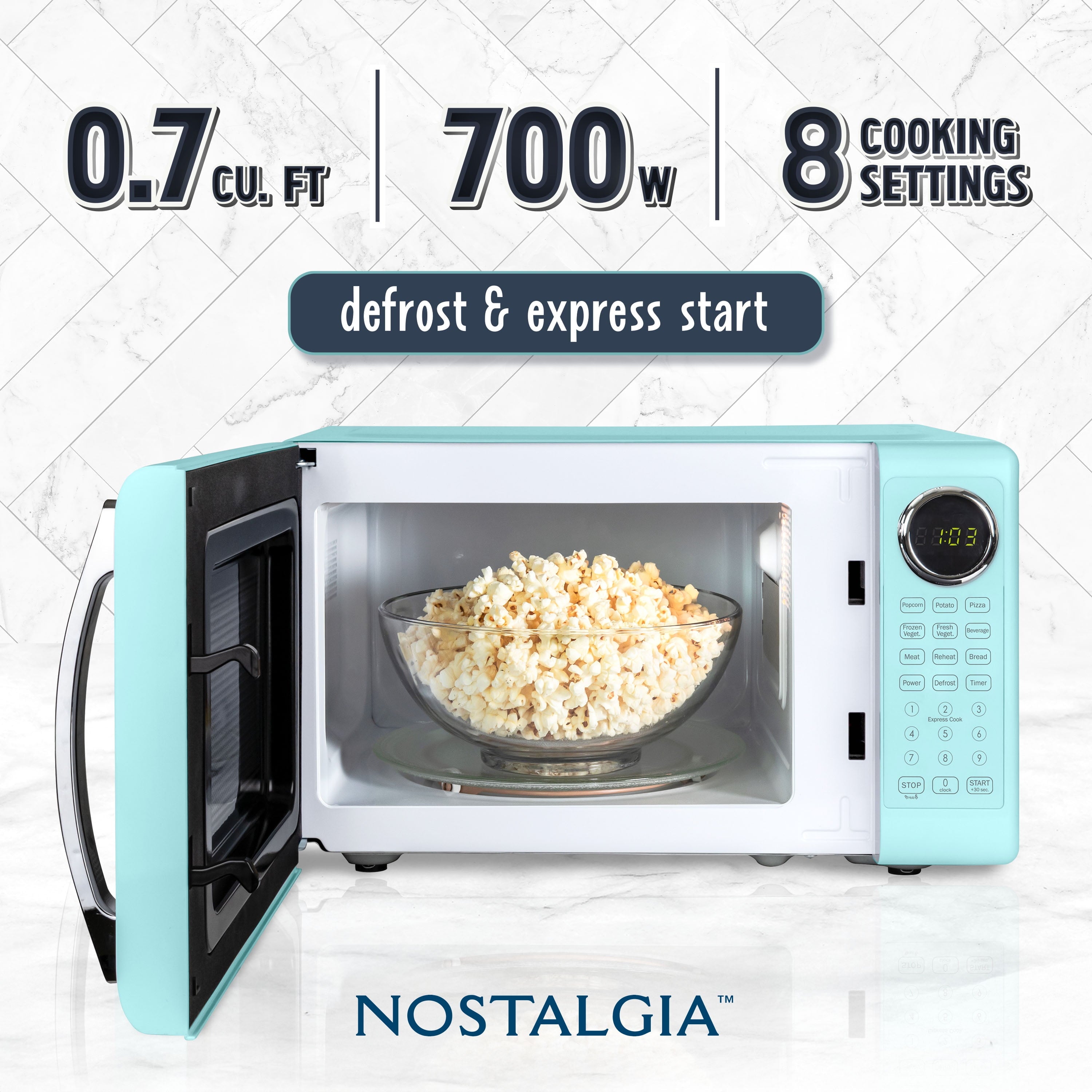 Nostalgia Retro 700W Microwave Oven – 0.7 Cu Ft Capacity – Aqua