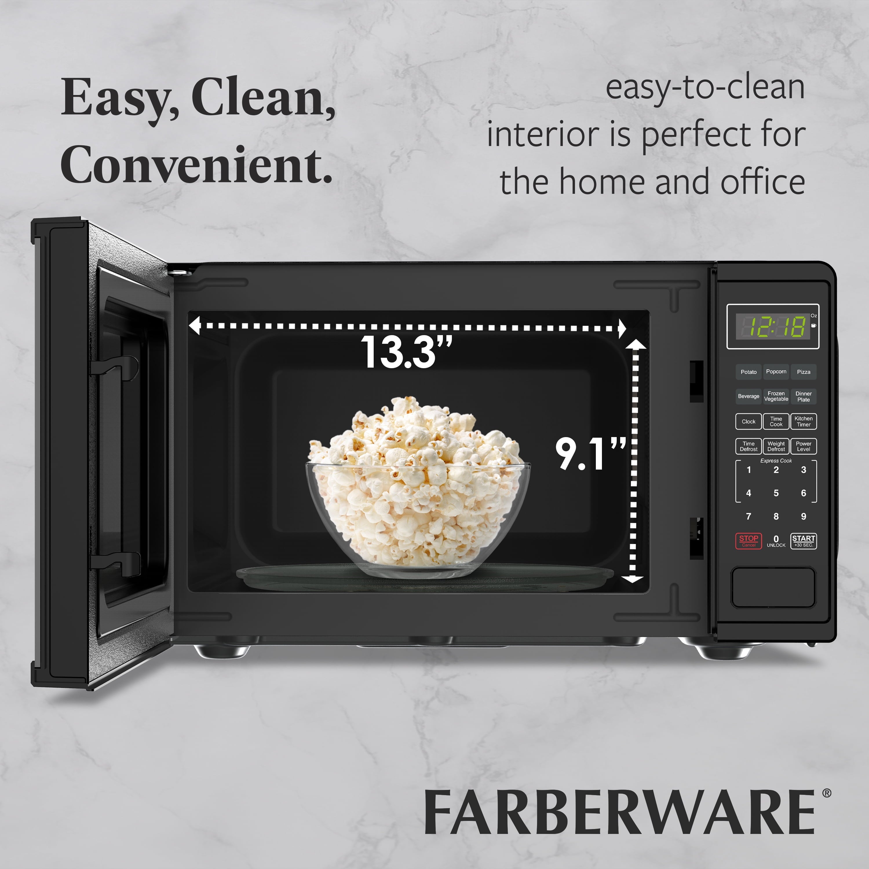 Farberware FMGZ09BKA 0.9 Cu. Ft. Microwave Oven, 900W, Digital Control, LED Display, 6 Cooking Presets, Black