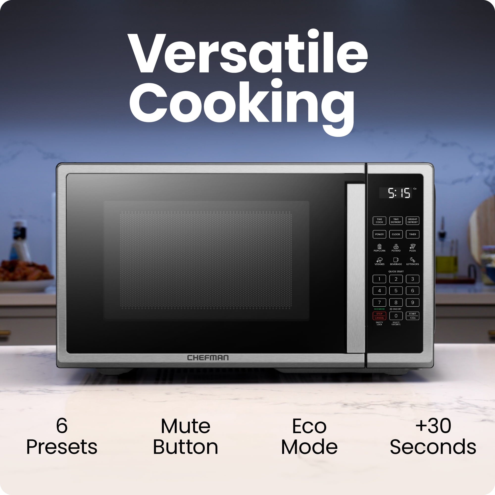 Chefman 0.9 Cu ft Countertop Microwave Oven, 900 Watts - Stainless Steel