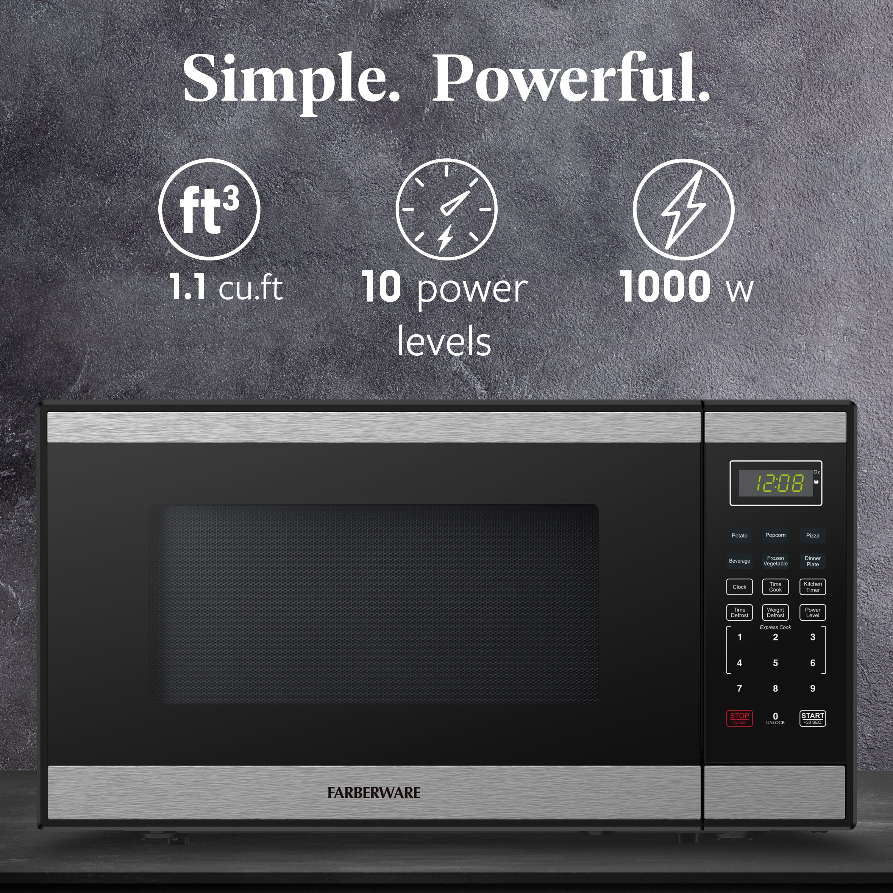 Farberware 1.1 Cu. Ft. Black & Stainless Steel Countertop Microwave – 1000W Power, Auto Cook Settings, Defrost, and Safety Lock