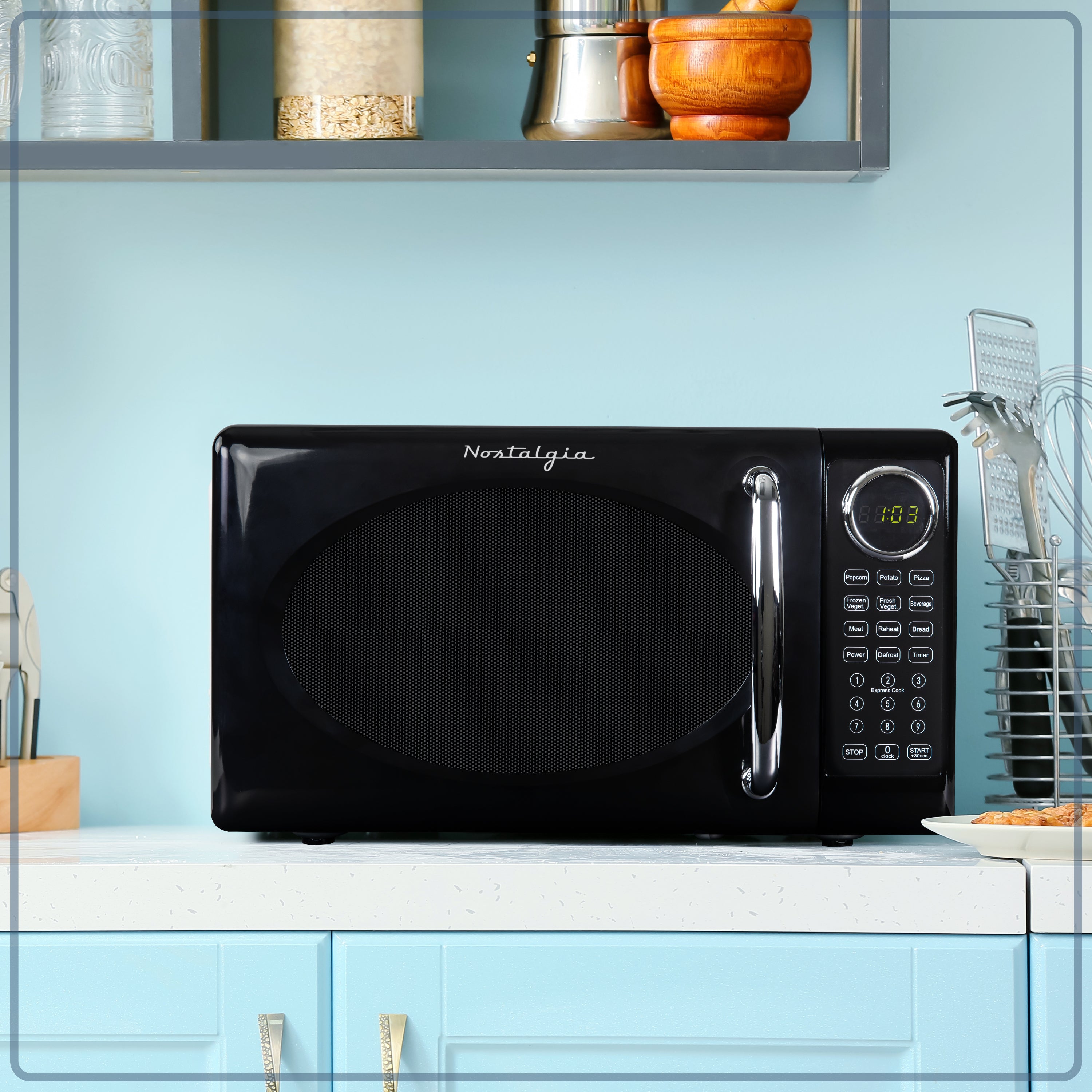 Nostalgia Retro Microwave Oven - 0.7 Cu Ft & 700-Watt Countertop Microwave with Glass Turntable, Child Safety Lock, 8 Auto-Cook Programs & Digital Clock - Black