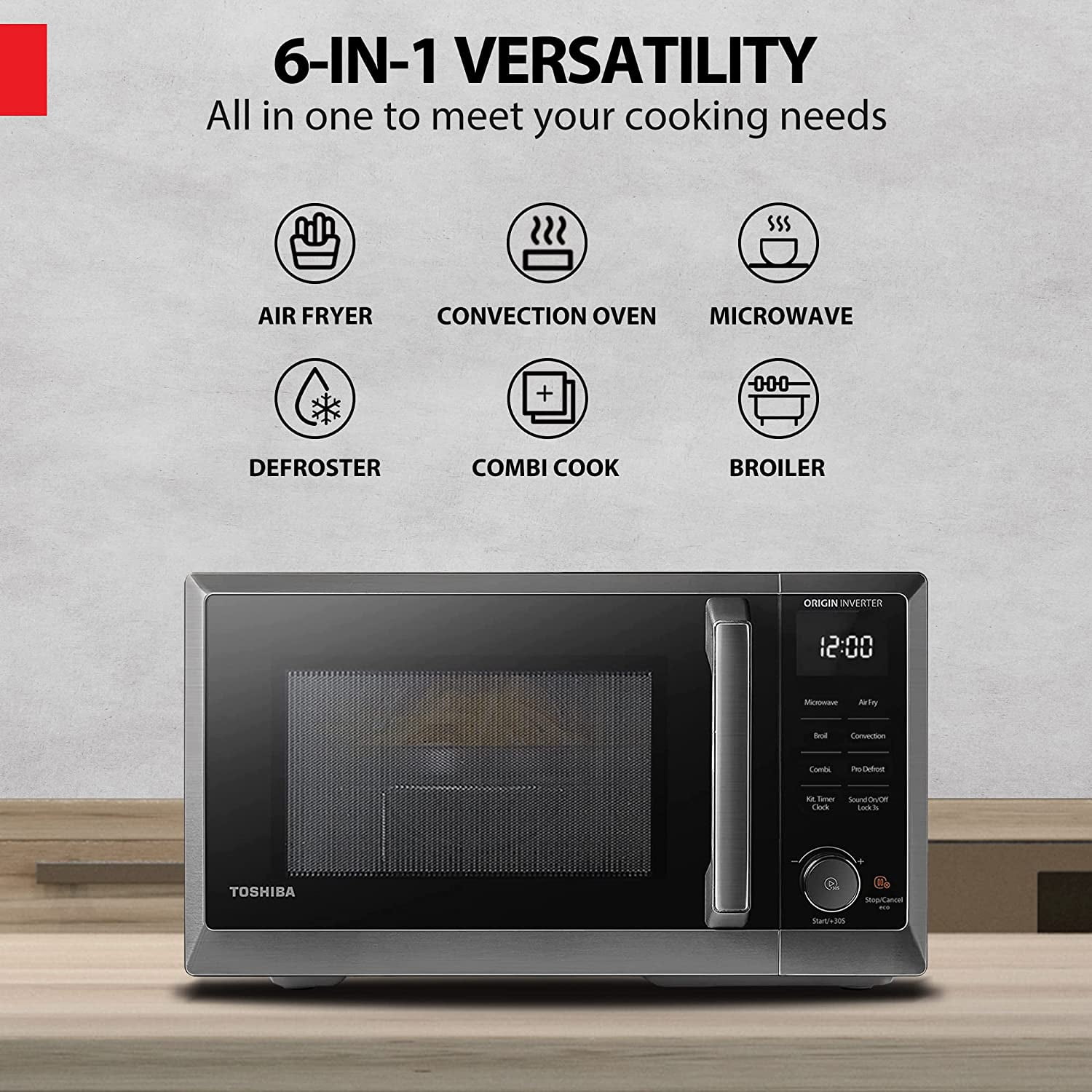 TOSHIBA 6-in-1 Inverter Microwave Oven Air Fryer Combo, MASTER Series, Countertop Microwave, Air Fryer, Broil, Convection, Speedy Combi, Even Defrost, 11.3 Turntable, Eco-Mode, 27 Auto Menu