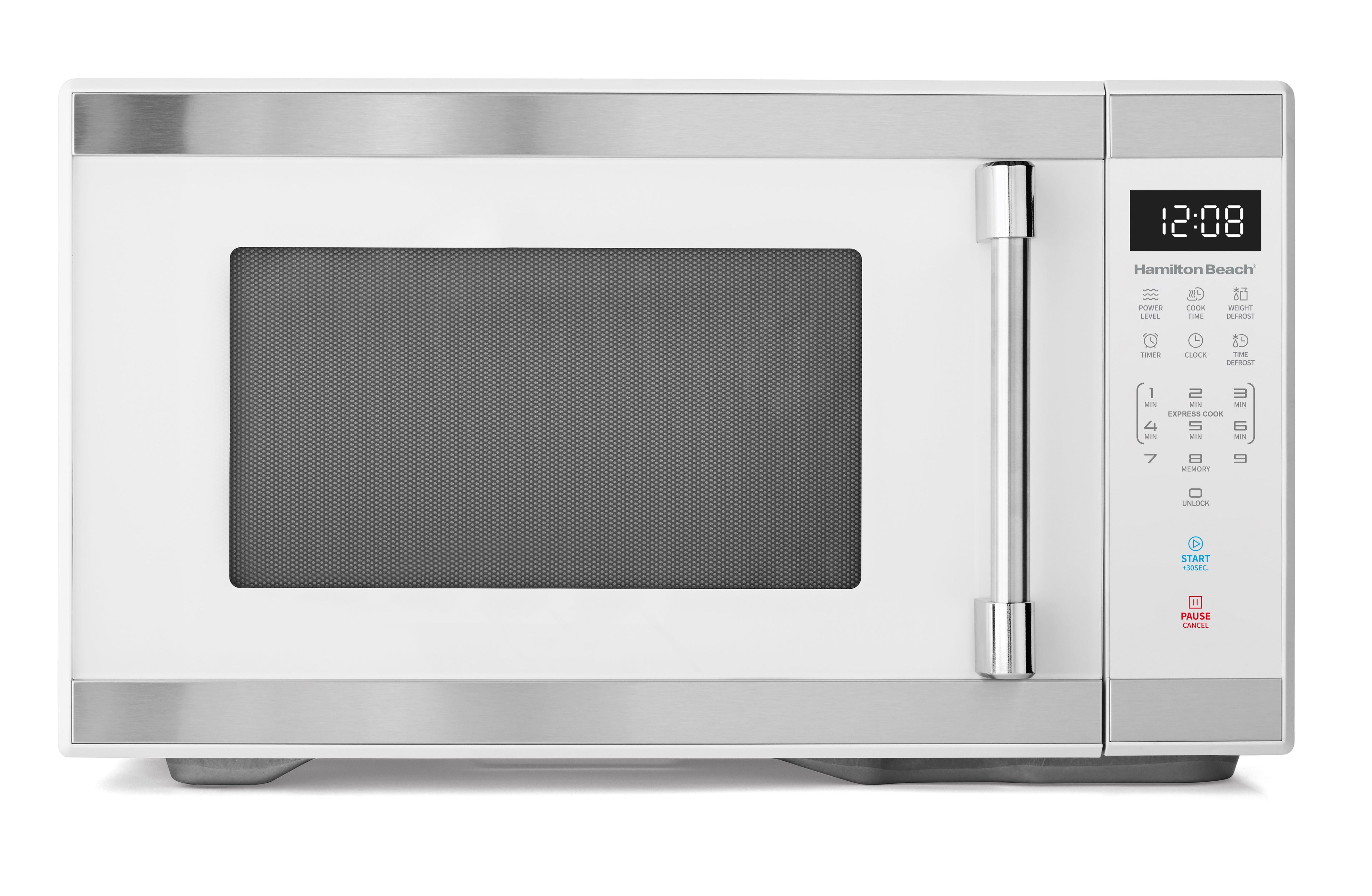 Hamilton Beach 1.1 Cu ft Countertop Microwave Oven, White and Stainless Steel