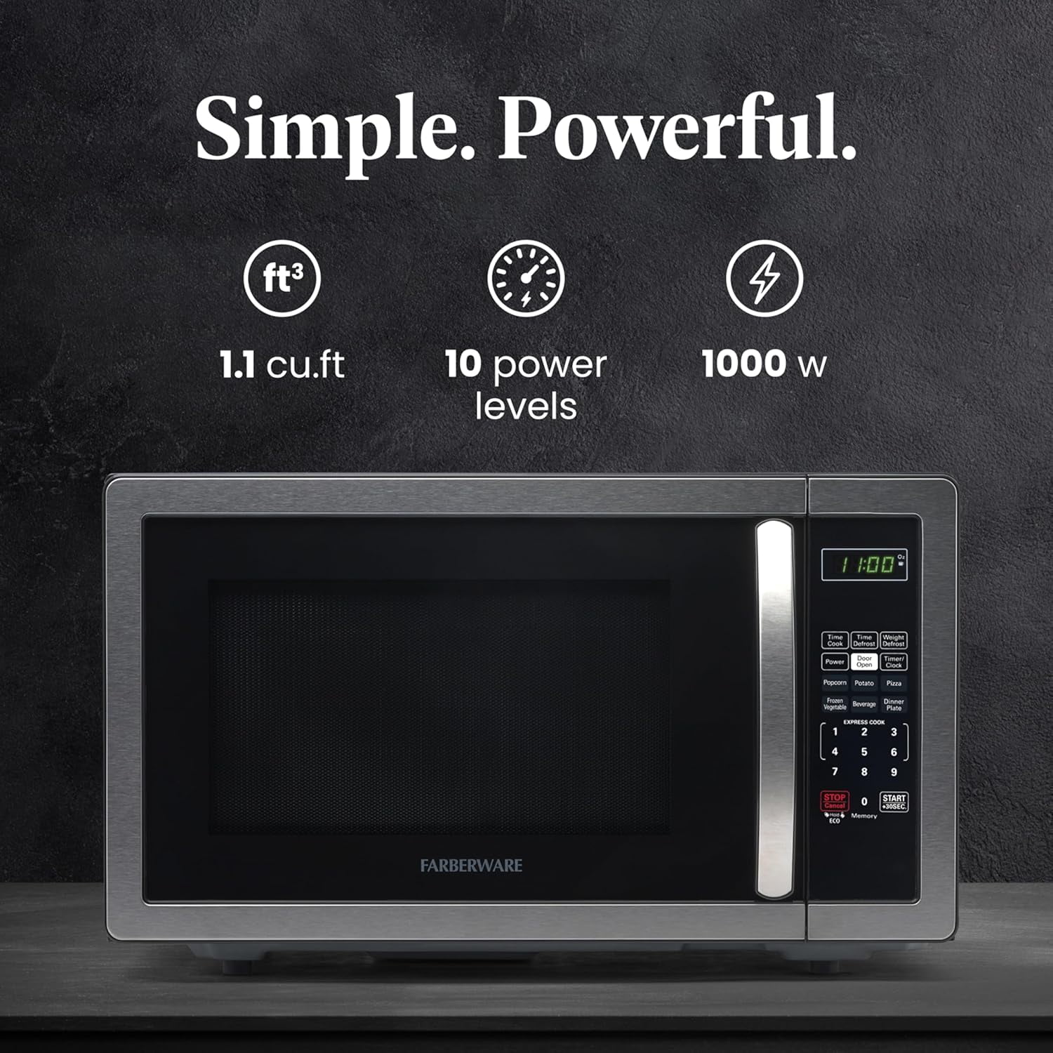 Countertop Microwave, 1000 Watts, 1.1 Cubic Foot Capacity - with LED Lighting and Child Lock - Ideal for Apartments and Dormitories