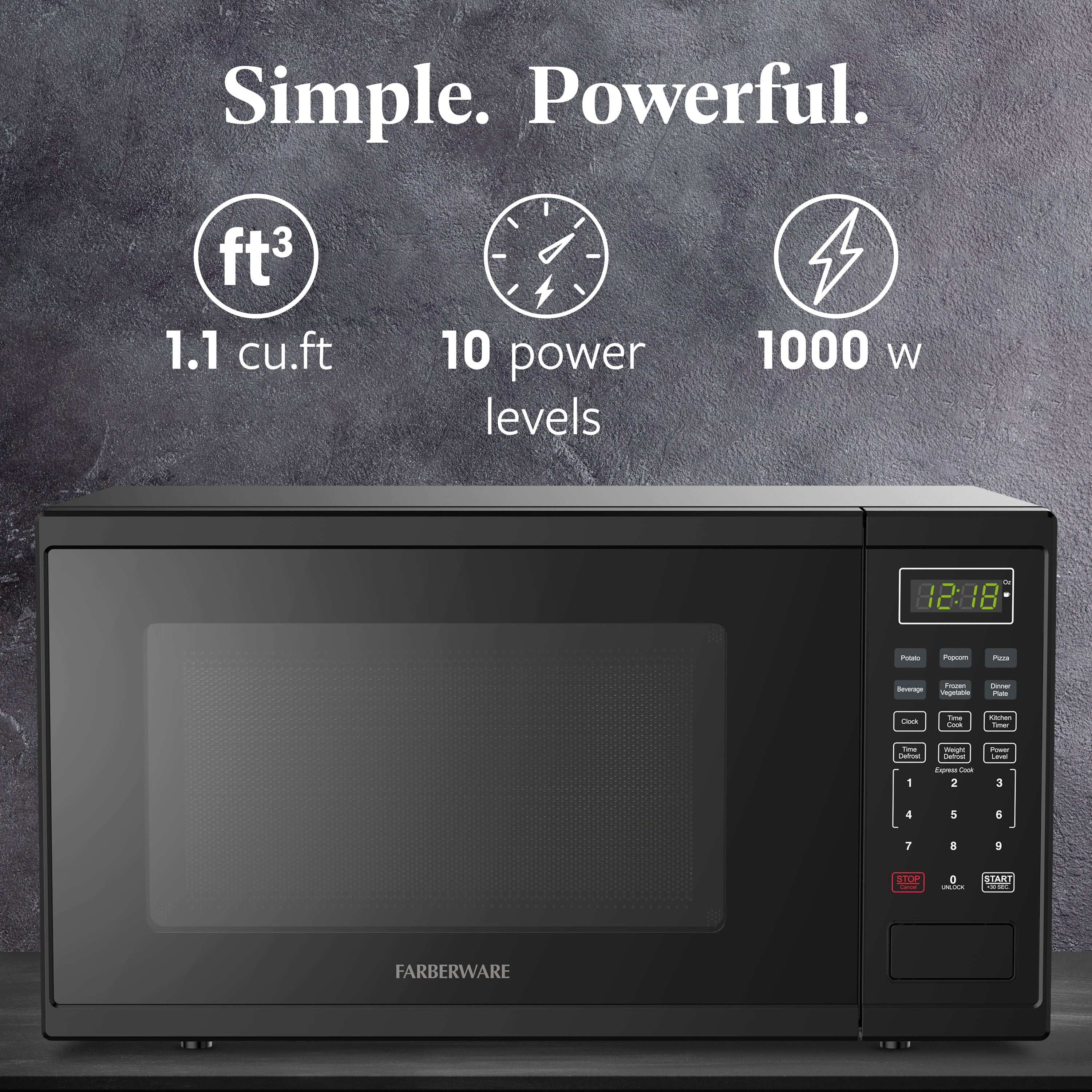 Farberware 1.1 Cu. Ft. 1000-Watt Microwave Oven – Digital Control, 10 Power Levels, One-Touch Cooking, Defrost, Child Safety Lock, Black