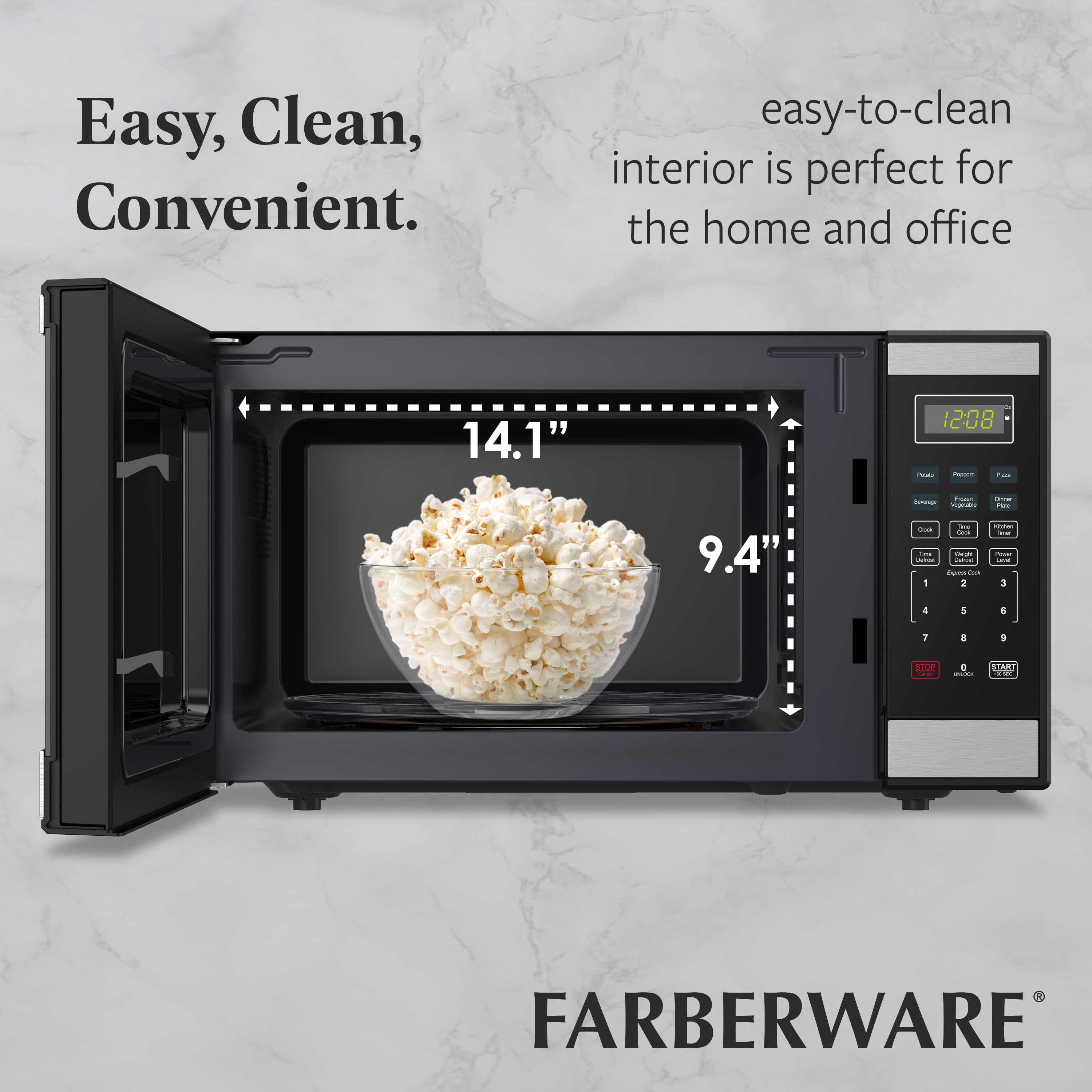 Farberware 1.1 Cu. Ft. Black & Stainless Steel Countertop Microwave – 1000W Power, Auto Cook Settings, Defrost, and Safety Lock